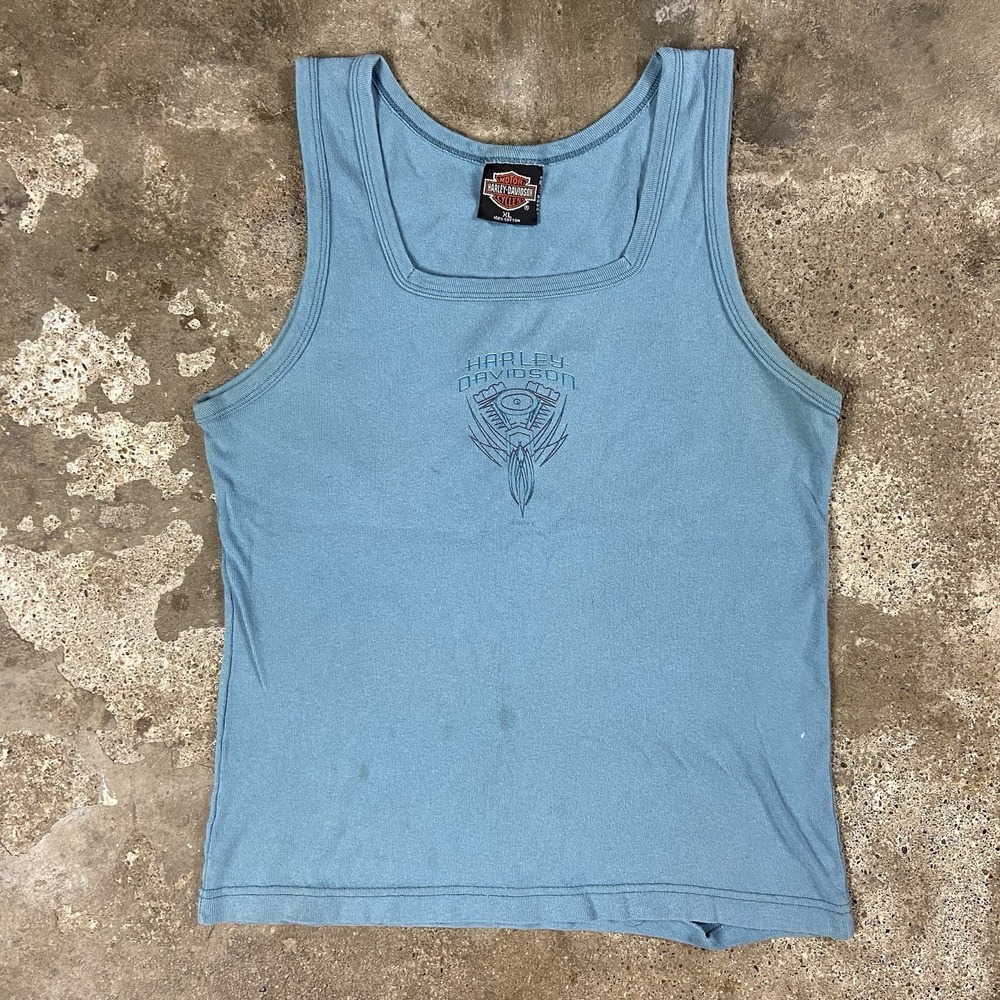 Vintage Harley Davidson Tank Top Women's Size XL Blue Fremont Motorcycle Graphic
